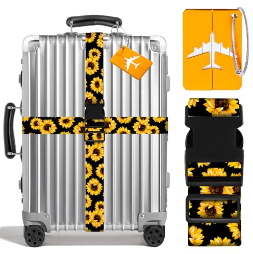 2 Piezas Correa Maleta,con 2 Piezas Identificador de Maletas,Cinta Maletas Viaje,Ajustable,Viajes Accesorios para Equipaje (Gerbera)