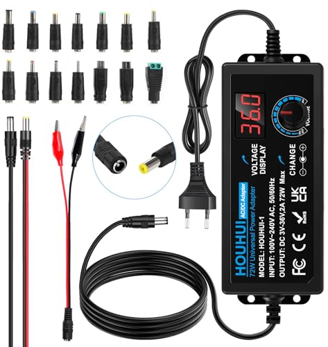 HOUHUI 3V-36V 72W 2A Einstellnetzteil LED 5,5x2,5mm 16 Stecker | Verstellbarer Netzteil AC 100-240V, 2000mA, 16 Wechselaufsätze, Universal-Netzadapter, für Haushaltsgeräte, DC-Motoren
