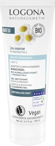 LOGONA Naturkosmetik PUR mild och lugnande tvättgel med ekologisk kamomillextrakt & probiotika, pH-hudneutral rengöringsgel för känslig hud, för en ren ansiktshud, 100 ml