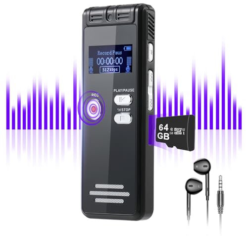 ZIPCIDE 64GB Digital Voice Activated Recorder - 3072Kpbs HD Dual MIC Dictaphone with Noise Reduction, 4800 Hours Audio Recording for Interviews/Classes/Meetings
