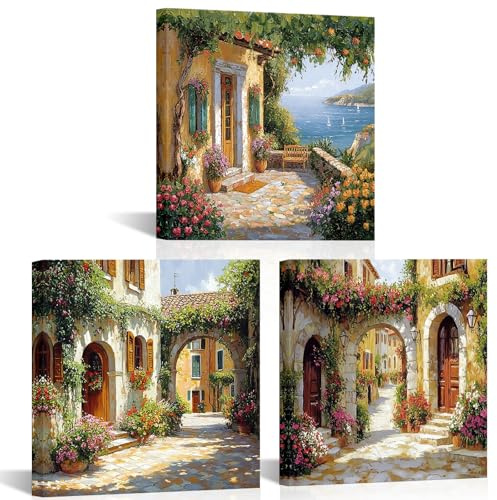 VANSEEING Italy Town Wall Art Canvas Prints Tuscany Towns Oil Painting Mediterranean Street Flowers Wall Decor Village European Landscape Pictures Artwork for Living Room Bedroom 12x12x3 Pieces