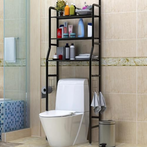 HOLGVE Toilettenregal, 3-stufiges Über-der-Toilette-Badezimmerregal,Freistehendes Badregal mit Regalen, Aufbewahrungsschrank for Waschküche, Toilette, Hotel(Nero)