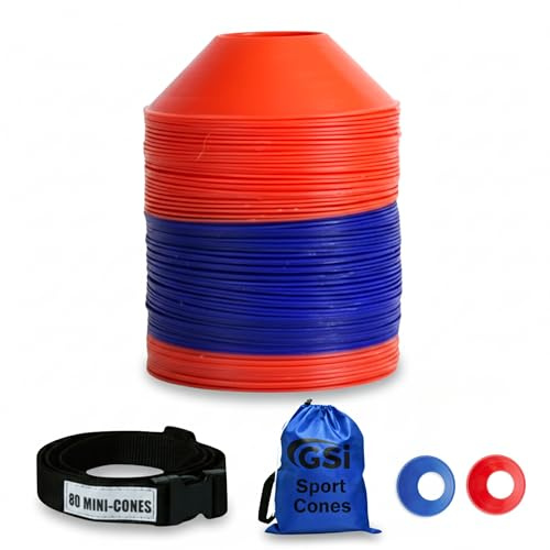 GSi Mini coni per sport compatti e resistenti, set da 80, coni da allenamento da 12,7 cm per calcio, trapani, agilità e attività per bambini, include borsa per il trasporto e tracolla