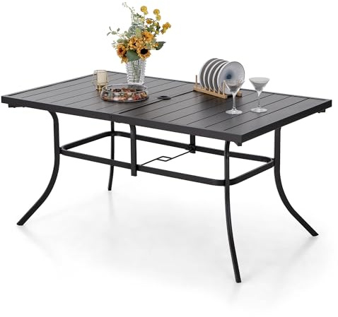 PHI VILLA Gartentisch für 6 Personen Terrasse Metalltisch mit Schirmloch | Wetterfester Stahlrahmen mit E-Beschichtung, 4-5 cm Schirmloch, Terrassentisch Für 6 Personen
