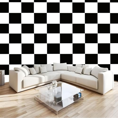 Fototapete Schwarz-weiß kariertes Muster Tapete Wandtapete Wanddeko Design 350x256 cm Mustertapete Wand Dekoration Wohnzimmer Schlafzimmer Büro Flur