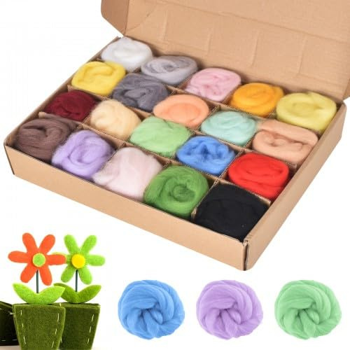 Hnonoxy 20Piezas Hada Fieltro Lana,Lana de Fieltro Roving,Lanas Fieltros para Tejer, Cardada para Fieltrar de Colores, para Fieltrar en Húmedo y en Seco,Manualidades