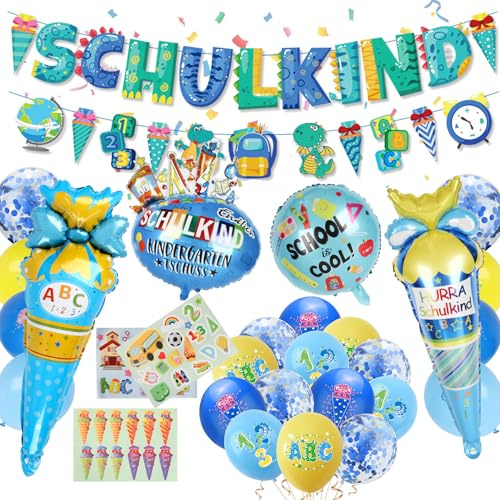 CUTLOT SCHULKIND 2026 Deko Einschulung Junge, SCHULKIND Banner, Dinosaurier Banner, 22 Latexballons, 4 Folienballon, 3 Aufkleber Schulanfang Schuleinführung Deko