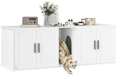 PawHut Katzenklo-Schrank 3 in 1 für Große Katzen 145 x 49 x 51 cm Weiß | Katzenschrank, Versteckter Katzentoilette, Mit Tür Trennwand Kratzmatte, Katzenhaus, Unter 10 kg