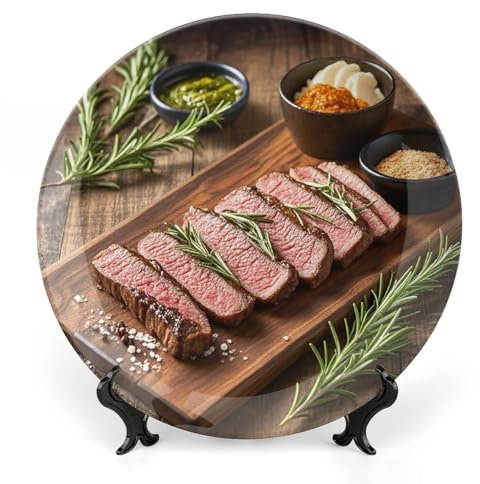 JTKBNVM Grandes assiettes décoratives en porcelaine anglaise de 20,3 cm pour présentation de steak de romarin avec support de présentation, assiette en porcelaine personnalisée pour cuisine, salle à