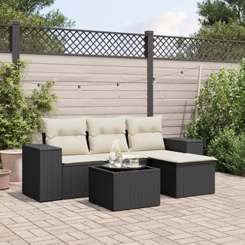 IKAYAA 5-TLG Gartenmöbel-Set, Balkonmöbel aus PE-Polyrattan, Terrassenmöbel, Ecksofa, Rattan Lounge-Set, Balkonlounge, Gartenlounge Set mit Kissen, Schwarz und Creme Type-74
