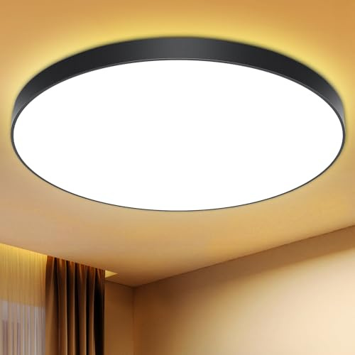 Deckenleuchte LED Deckenlampe Flach Ø28cm 24W,3000K, LED Lampen 2000LM, IP44 Wasserfest Rund Wohnzimmerlampe Decke Schlafzimmer Modern Schlicht Ultra Dünn für Badezimmer//Balkon/Flur-Schwarzer Rand