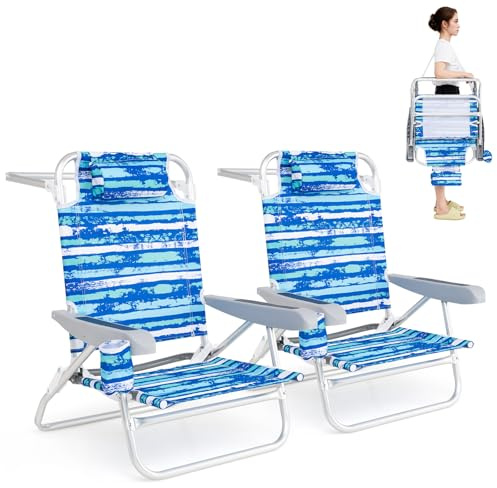 GOPLUS Lot de 2 Chaises de Plage Pliantes, Chaise Camping Réglable 4 Positions, Appui-tête et Porte-gobelet, Accoudoirs, pour Pique-Nique,Charge 150KG (62,5 x 54,5 x 80 cm,Bande Marin,2)