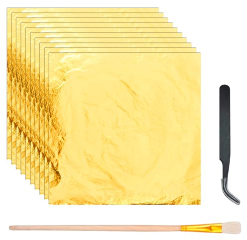 xianshi 150 Blatt Blattgold,14x14cm Goldfolie Mit Pinzetten Und Bürsten,Blatt Cake Imitation Papier,Zum Basteln Blattgoldblätter Decoration