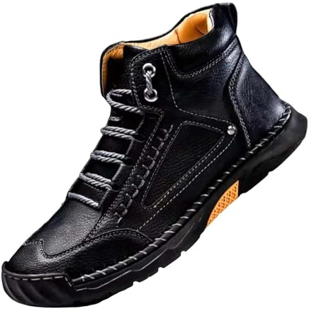 Stivaletti da uomo High Top in pelle, fatti a mano, alla moda, elastici, a piedi nudi, di grandi dimensioni, comodi stivali corti con supporto per l'arco del piede, scarpe da lavoro, Nero , 41 EU