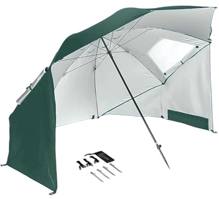Ombrellone da spiaggia portatile con finestra di visualizzazione per campeggio e pesca in tessuto Oxford protezione solare diametro 210 cm, verde