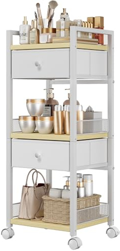 Flycity Makeup Organizer Cart with Drawers, 5 Tier Rolling Makeup Cart, Floor Skincare Organizers, Vanity Organizer Storage with Wheels Cosmetic Display Cases for Skin Care Perfume Nail Polish, White