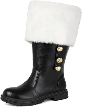 Pesmotiv Christmas Santa Claus Men's Boots with Wide Calf & Zipper, Fuzzy White Cuff & Jingle Bells | Black Holiday Shoes for Xmas Party, Costume, Gift