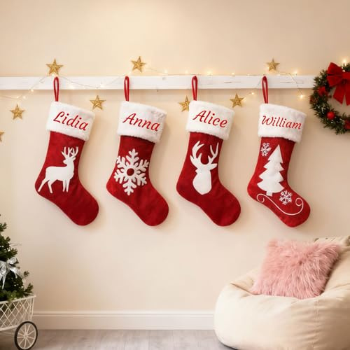 Generisch 2 PCS Personalisiert Weihnachtsstrumpf, Namensstickerei, 44 cm | Roter Samtstoff Nikolausstrumpf mit Weihnachtsmann, Schneemann & Pinguin, Familien-Weihnachtsdeko, 17 Zoll