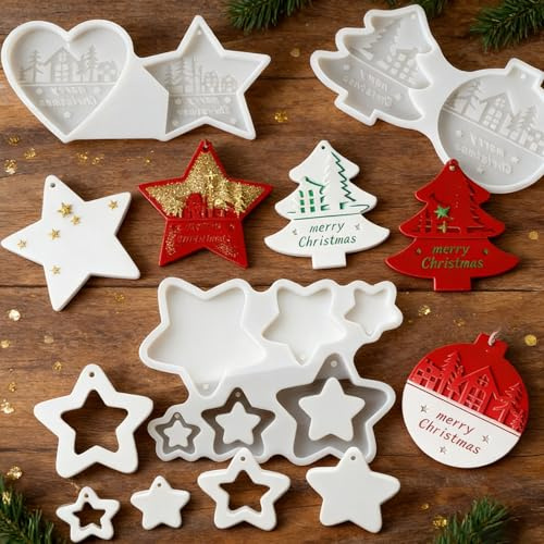 Sterne Silikonform Weihnachten, 5 Stück Silikonformen Gießformen Weihnachten Silikonform Stern Anhänger Mini Herz Anhänger Gießformen Silikon Weihnachten