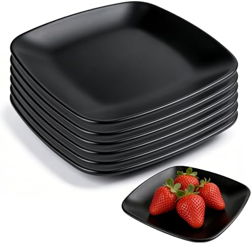 Jinfanshurich 6 Stück Quadratische Teller 17 cm Schwarz aus Melamin, Servierplatten Set, Vorspeisen- & Dessertteller für Sushi, Kuchen, Salat & Snacks, Stapelbar, Spülmaschinenfest, Bruchfest