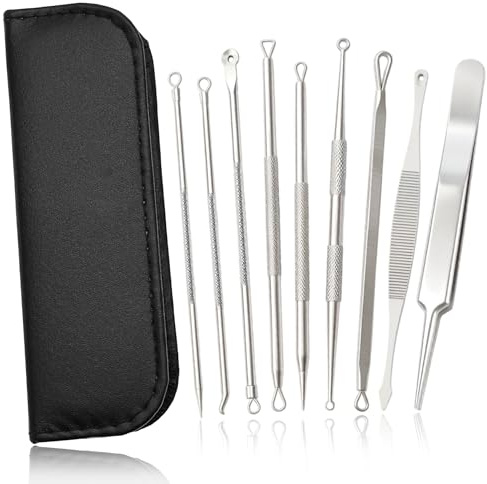9-Piece Blackhead Remover Set, Milia Remover, Comedone Squeezer Set, Pimple Squeezing Tool Made of Stainless Steel, Pimple Remover Skin Care for Face Nose Black with Box