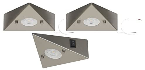 Trango 3er Set 6739-32 Küchenunterbauleuchte inkl. 3x 4.8 Watt LED Modul 3000K warmweiß ON/OFF Schalter *COOK* Edelstahl Einbauleuchte, Einbaustrahler, Dreieckleuchte, Schrankleuchte, Küchenleuchte