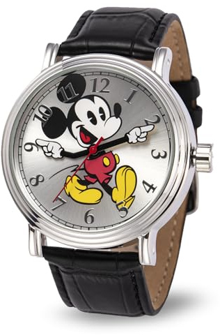 Disney Mickey Mouse Adult Vintage Articulating Hands Analog Quartz Watch, Silver, Silver, Black, Quartz Movement