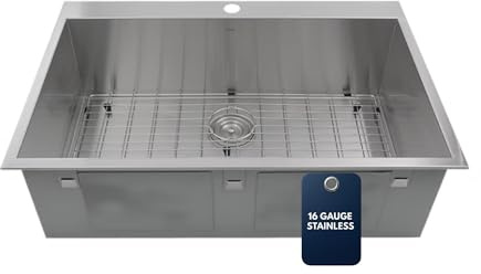 Nantucket Sinks ZR3322-S-16 1-Hole 33 Large Rectangle Single Bowl Self Rimming Zero Radius Drop in Kitchen Sink with 16 Gauge, Stainless steel