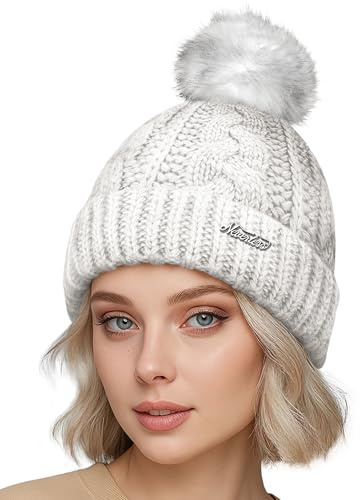 Neverless® Damen Strickmütze mit Pompom Zopfstrickmuster Bommelmütze gefüttert mit Fleece Wintermütze Model 1979