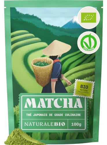 NaturaleBio Tè Verde Matcha Biologico in Polvere 100g. Grado Culinario. The Matcha Prodotto in Giappone. Ideale per Dolci, Frullati, Tè Freddo, Latte e in Cucina Come Ingrediente nelle Ricette