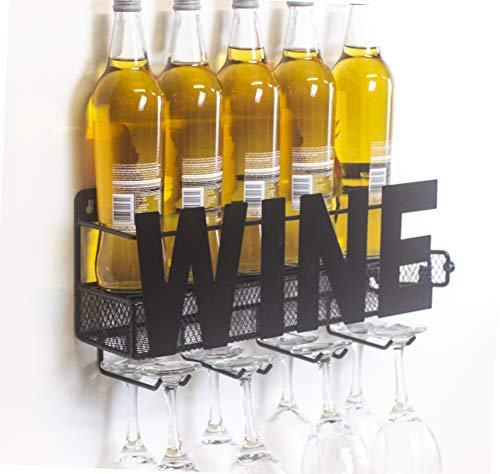 Wall-Mounted Wine Rack – 5-Bottle Black Shelf & 8-Glass Holder by OTZ – Metal Hanging Bar/Kitchen Décor
