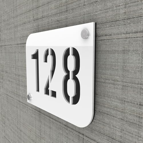 DECOHO - Plaque numéro de Rue Personnalisable - Plaque Maison PMMA Blanc Design - Découpe Laser, entretoises INOX 15 mm - 20x15 cm, épais - Noir