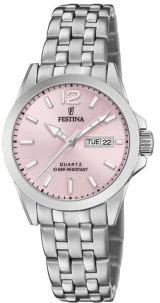 Festina Damenuhr Analog aus Edelstahl 316l Silberfarben | Quarzwerk, Widerstandsfähiges Mineralglas, Wasserdicht 10 ATM, Kalender F20455/2