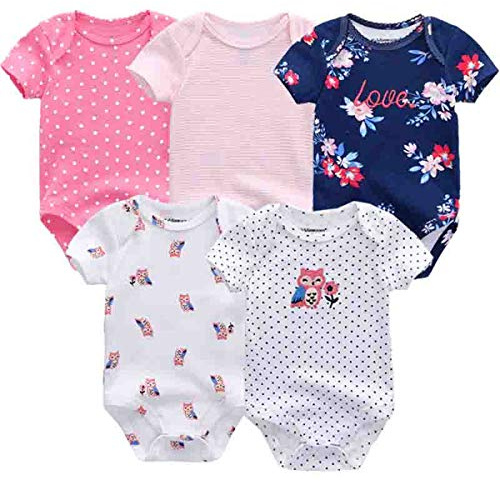 Kiddiezoom Baby Bodysuits 5-pack, kortärmad sparkdräkt pojkar flickor sovdräkt sommar bomull spädbarn onesie clothe, 5-pack liten räv blommig, 9-12 månader