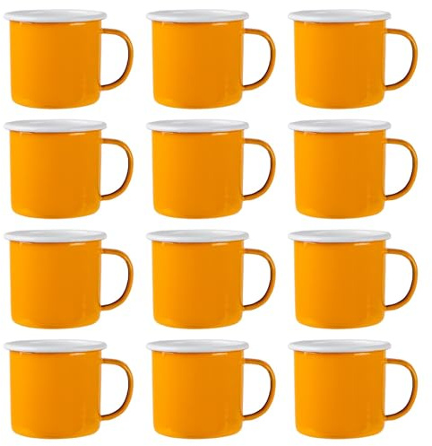 Argon Tableware Enamel Mugs - 375ml - Yellow - Set of 12 Metal Drinking Cups Coffee Teacup Mug Set Hot, Cold Drinks Cups for Home, Kitchen, Dining, Travel, Camping, Hiking & Outdoor Use