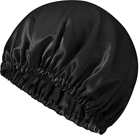 Mommesilk 22 Momme Seide Schlafmütze Haarhaube Kopfbedeckung Schlafkappe elastische Maulbeerseide Nachtmütze Schlafhaube für Locken Schwarz