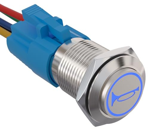 APIELE 19MM Momentan Hupentaste Druckschalter 12V, mit LED wasserdicht Momentary Hupentaste Drucktastenschalter mit vorverdrahtetem Stecker, Auto RV LKW Boot EIN/AUS Hupentaste Taste Schalter (blau)