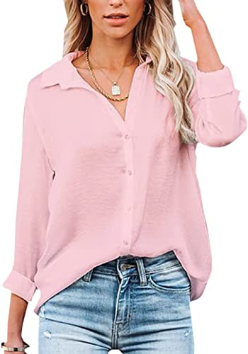Damen Bluse Elegant V-Ausschnitt Hemd Langarm Arbeit Oberteile Casual Tunika Shirt Lose Langarmshirt Tops (Rosa,M)