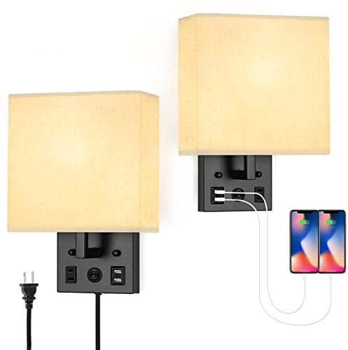 Black Wall Sconces Set of 2, Bedside Wall Lights for Bedroom, Plug in Wall Sconce with USB Ports and Outlets, Modern Wall Lamp for Mirror Kitchen Living Room Hallway, E26 Base (LED Bulbs Included)