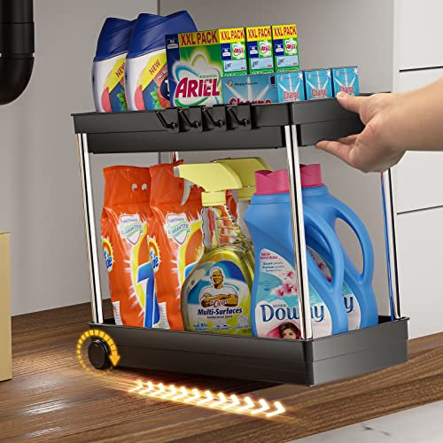 Cicilyna Under Sink Storage Kitchen Organizer, Stainless Under Sink Organizer Shelf with Hooks, 2 Tier Multi-Purpose Under Cabinet Storage Organizer Rack for Kitchen, Bathroom & Countertop, Sliver