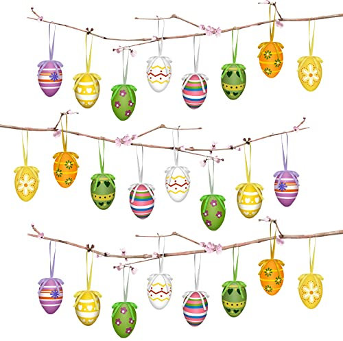 Ostereier Deko Ostereier zum Aufhängen, 24x Bunte Ostereier aus Kunststoff zum Aufhängen, Ostern Deko Plastik Ostereier zum Aufhängen Draußen und Innen, Eier Ostern Deko mit Band, Osterstrauchdeko