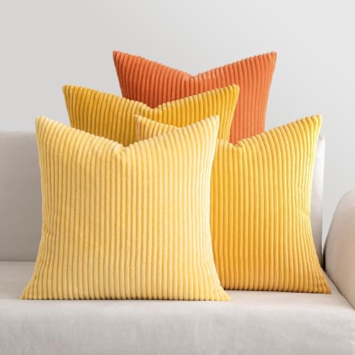 MIULEE Kissenbezug 50x50 4er Set Kordsamt Kissenhülle sofakissen Orange | Weiche Kissenhülle Dekorative Sofakissen Quadratische Dekokissen Zierkissenbezug Gestreifte Kissenbezüge für Wohnzimmer
