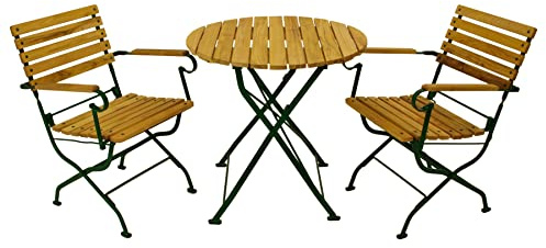 DEGAMO Garten Sitzgruppe Klappgarnitur Passau 3-teilig (2X Armlehnensessel, 1x Tisch rund 77cm), Gestell Flachstahl dunkelgrün, Belattung Robinien Holz, Outdoor