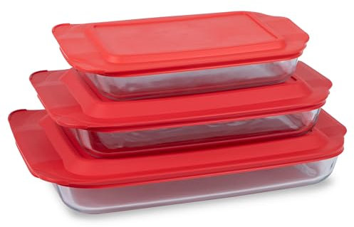 Pyrex Basics Glas-Backformen-Set (2QT, 3QT, 4.8QT) mit BPA-freien Deckeln, rechteckiges Glas-Backgeschirr, spülmaschinen-, mikrowellen-, gefrier- und vorgeheizt, ofenfest, 3er-Pack