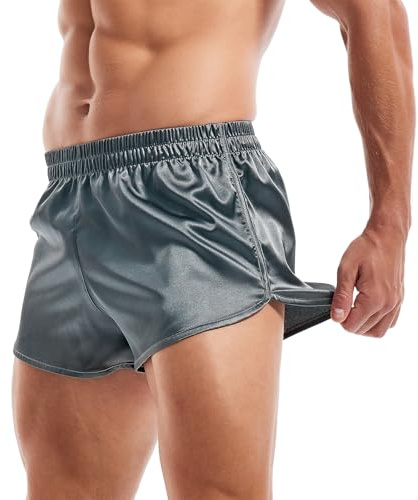 Amy Coulee satinboxershorts för män, korta pyjamasbyxor, Mörkgrå, L