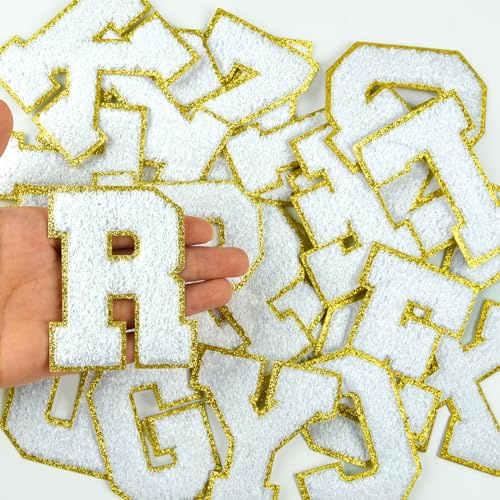 Morcheiong Chenille-Buchstaben A-Z, selbstklebend, Chenille-Buchstaben für Kleidung, Buchstabenaufnäher für Stoff, Weiß, 26 Stück