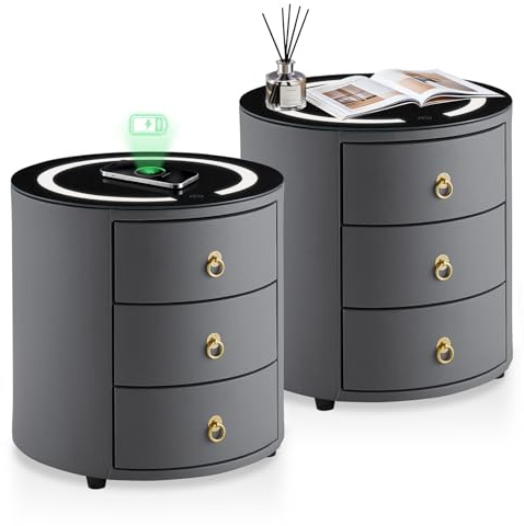 TUKAILAi Lot de 2 Table de Chevet Ronde avec 3 Tiroirs, Table de Chevet Connectée, Table de Nuit Ronde Gris Intelligent, Table d’Appoint Chargeur Telephone sans Fil Chambre Salon Cadeau