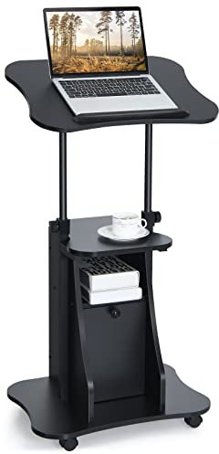 COSTWAY Mobiler Stehpult, höhenverstellbarer Rednerpult mit neigbarer Tischplatte & Schrank, Schreibpult zum Stehen oder Sitzen, Stehtisch auf Rollen für Heimbüro, Schwarz