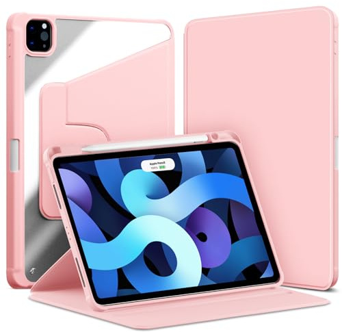 VAGHVEO Custodia Rotante per iPad Air 11” M3/M2 (2025/2024)/ Air 5a/ 4a Gen 10,9/ iPad Pro 11 Pollici 2022/2021/2020/2018 con Portapenna, Custodie Rotazione a 360 Gradi con PC Trasparente Cover, Rosa