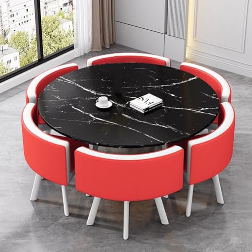 EpuzeR Essgruppe Esstisch mit 6 Stühlen Konferenztisch Küchentisch Couchtisch, Schwarze Tischplatte aus Holz mit Marmorimitation(Rot)